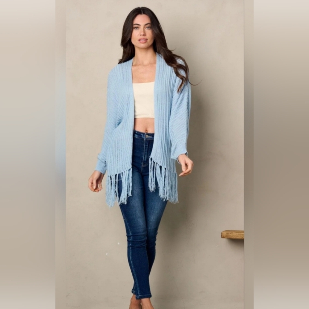NIP FANTASTIC FAWN Lt. Blue Fringe Light Weight Long Sleeve Cardigan